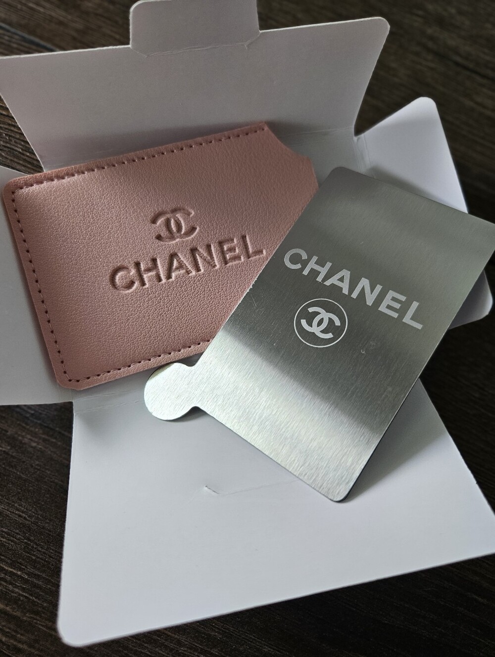 Pink Faux Leather Card Holder Mirror Sleeve | CC Logo Beauty GWP Gift
